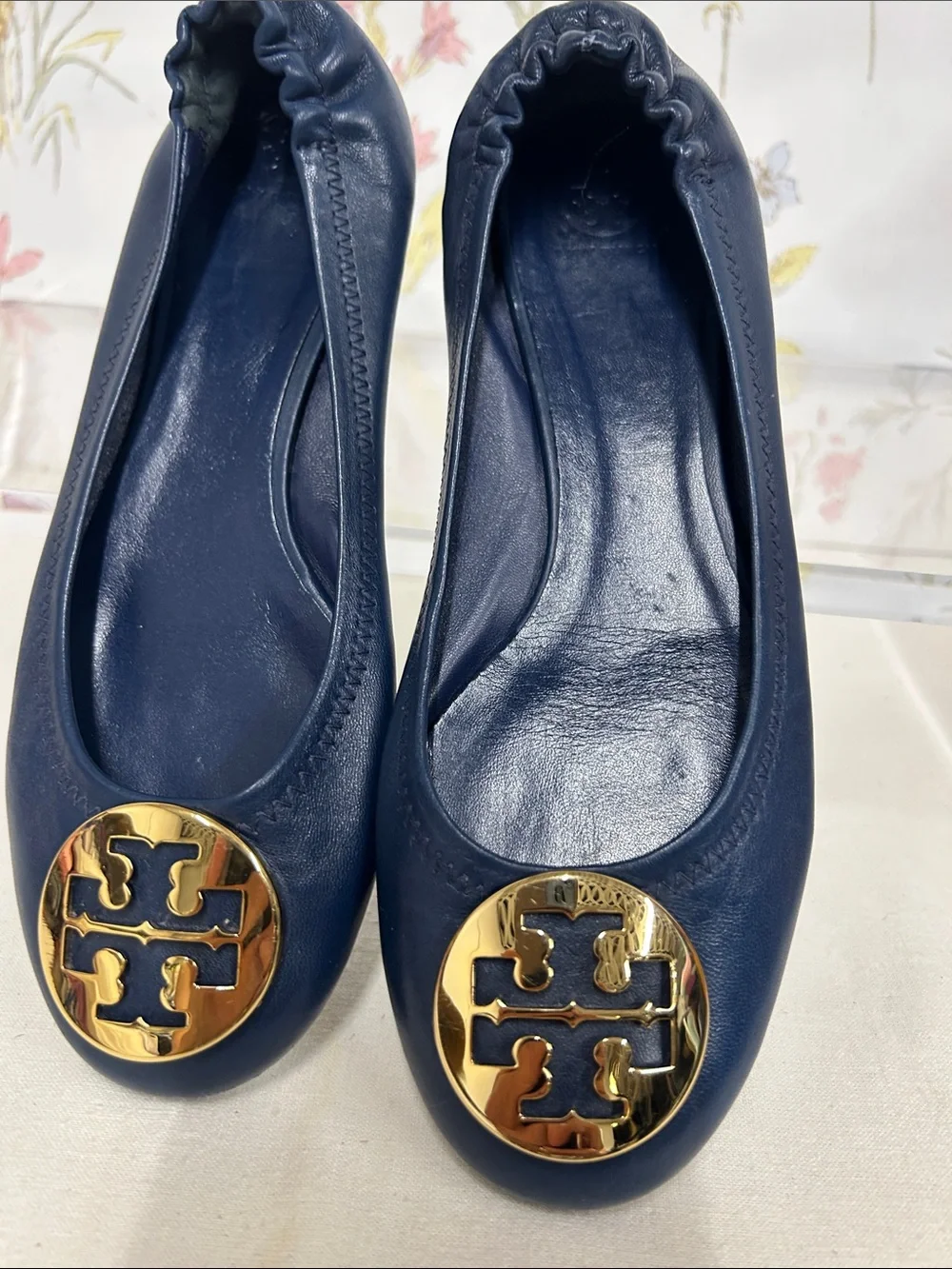 Tory Burch Navy Leather Ballet Flats with Gold Logo Medallions